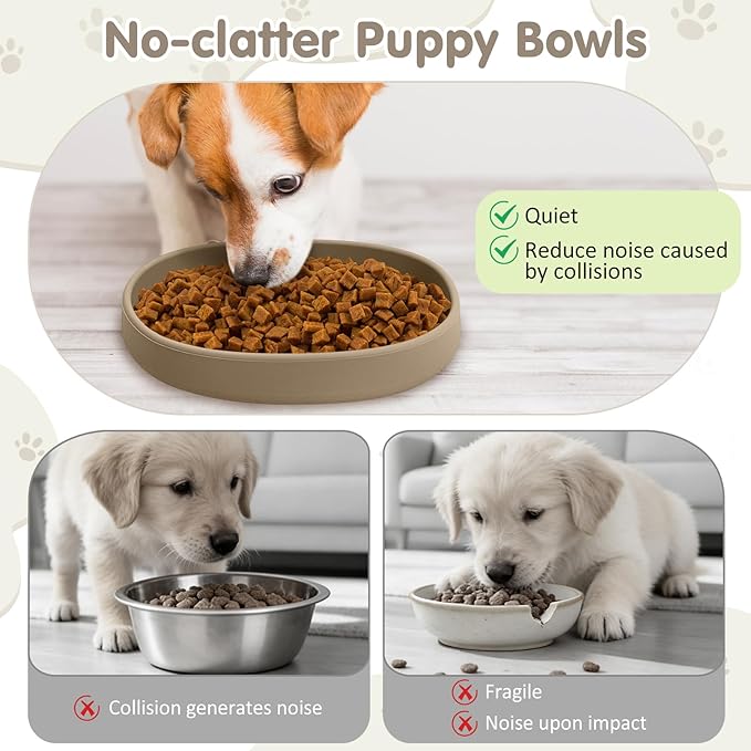 VCEPJH 2 Pack Silicone Dog Plates for Food Shallow Pet Bowl Flat Puppy Food Bowl Whisker Fatigue Cat Feeding Bowls Noiseless Dishes for Dry and Wet Food (Square-Round Brown)