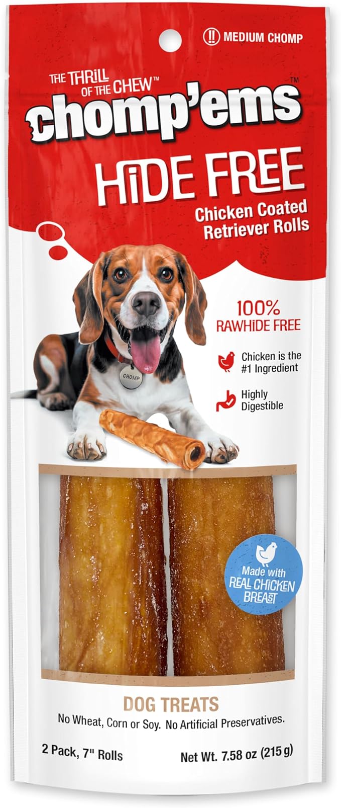 CHOMP 'EMS Chicken Hide Free Dog Chews - Rawhide Free Dog Treats - No Hide Alternative Chew Treat for All Life Stages, Roll, 7", 2 Count