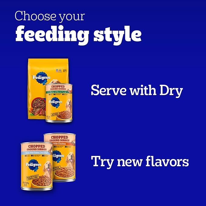 Pedigree Chopped Ground Dinner Adult Soft Wet Dog Food Bacon & Cheese Dinner, Canned Dog Food, 22 oz. Cans, 12 Count