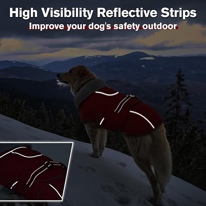 Lelepet Warm Dog Coat Waterproof Dog Jacket Reflective Fleece Vest with Adjustable Buckle Hook & Loop, Windproof Winter Jacket Dogs Coats for Small Medium Large Dogs, Red, M
