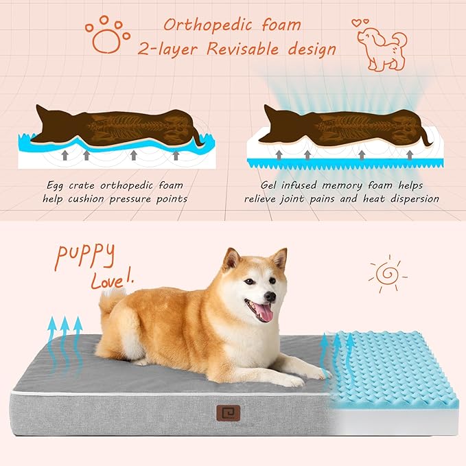 EHEYCIGA Orthopedic Dog Bed Waterproof 35"x23", Memory Foam Pet Bed for Larged Size Dogs, Washable Pet Mat with Removable Cover, Grey