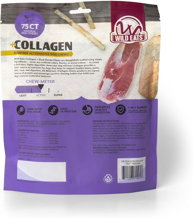 Wild Eats Duck Collagen Sticks for Dogs (75 Pack, 0.6 cm Wide) Long Lasting Dog Chews No Hide Dog Treat Bully Stick Alternative, Rawhide Free, Grain Free, High Protein