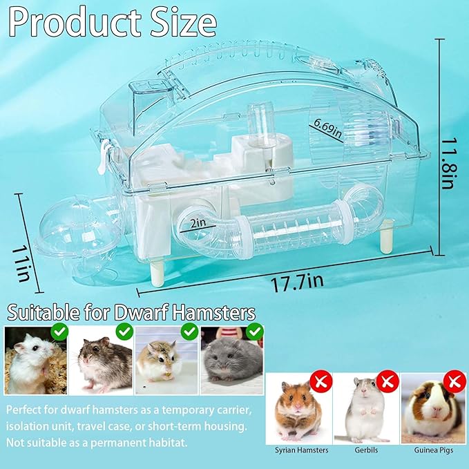 Tfwadmx Dwarf Hamster Cage,Acrylic Rat Cage,Hamster Home Small Animal Cages with Tube Exercise Wheel Mouse Habitat for Gerbils Mice 17.7”x11”x11.8”