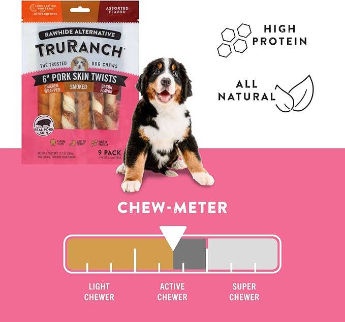 TRURANCH 6" Pork Skin Twists - Collagen Chews for Dogs - Assorted Flavors - Made with Real Pork Skin - Rawhide Alternative - Limited Ingredient - Easy to Digest Treat, 1 Bag, 9 Count