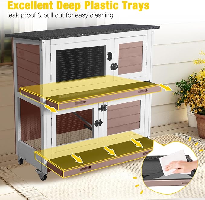 Aivituvin Rabbit Hutch Indoor Bunny Cage Outdoor 2 Story Pet House Guinea Pig Cage on Wheels 36" (Brown)
