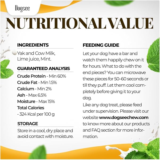 Dogsee Mint Flavor Himalayan Yak Chews for Dogs (Large - 4 Bars) | Aid Digestion | Dog Chews for Teeth Cleaning | Odorless Dog Treats | Rawhide Free | Long Lasting