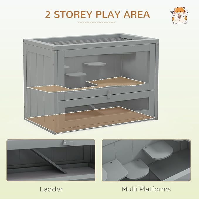PawHut 2-Level Hamster Cage Mice and Rat House, Small Animal Habitat for Chinchillas with Openable Top, Front Door, Shelf and Ladder, Gray