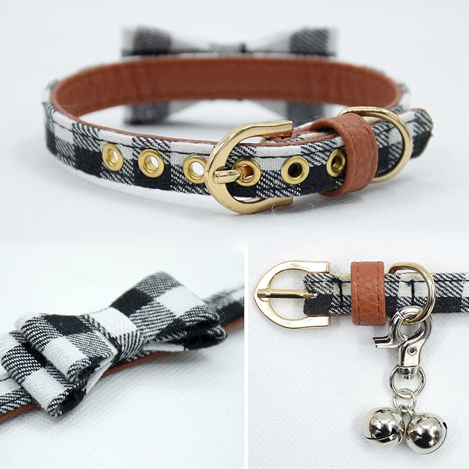 3PCS Bow Tie Dog Collar and Leash Set Plaid/Camo/Dots/Flower Dog Bandanas with Bell 3 Size Adjustable for Small Dogs Puppies and Cats (XS, Black&White Plaid)