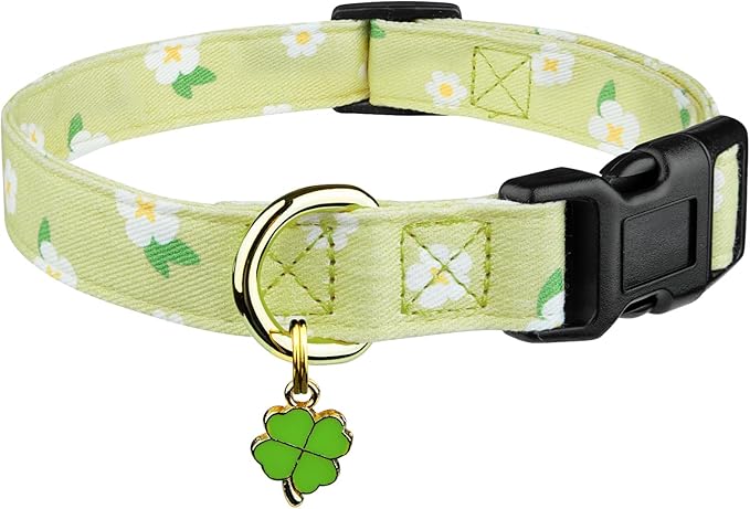 Cotton Handmade Dog Collar Cute and Distinctive Patterns Green Flower with Pendant for Girl Boy Dogs Collars L