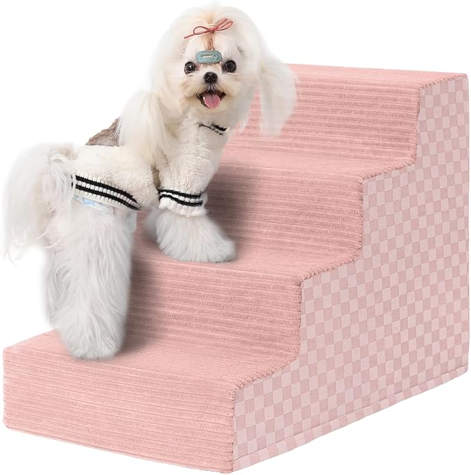 Vfrog Dog Stairs for Small Dogs,17.5" H,4-Step Dog Steps Ramp for Bed and Couch with High Density Foam,Non-Slip Pet Steps for Dogs and Cats,Pet Stairs with a Washable Cover,Pink