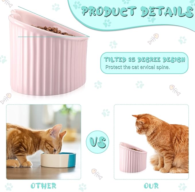 Mumufy 2 Pcs Ceramic Elevated Cat Bowls Tilted Elevated Raised Pet Bowls Anti Vomit Cat Dish for Indoor Stress Free Water Dish Feeder for Puppies, Heart Shaped(Macaron Blue, Pink)