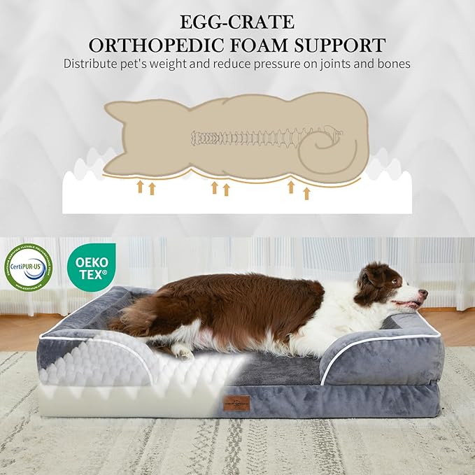 Comfort Expression Orthopedic Dog Bed for Extra Large Dogs 48x30 Inch, Waterproof Egg Crate Foam XXL Pet Bed with Removable Bolsters, Dog Couch with Washable Cover & Non-Slip Bottom, Dark Grey