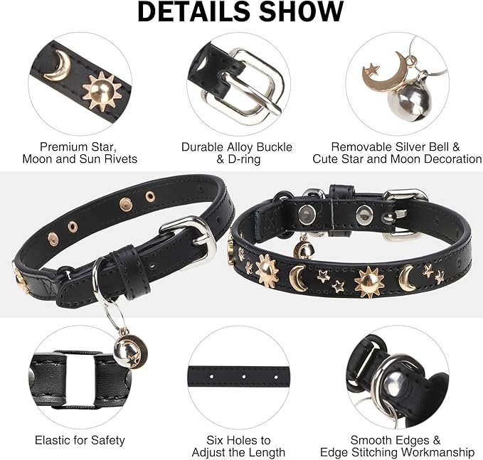 Leather Cat Collars for Boy Girl Cats with Bell and Safety Elastic Belt, Personalized Rivets Stud Adjustable Safe Buckle Collar with Moon Charm for Kitty Small Pets, Black 8"-12"