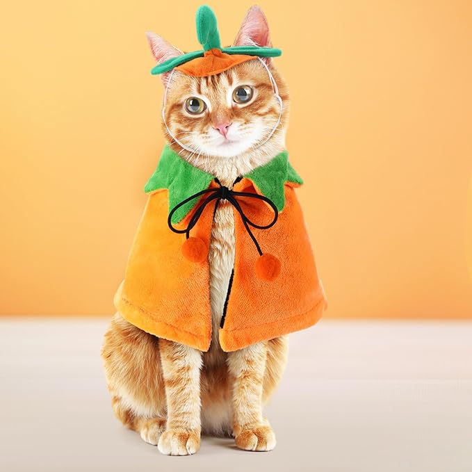 Huhumy 2 Sets Pet Pumpkin Costume Cat Halloween Cloak Hat Set for Dog Cat Halloween Costumes Pumpkin Hat for Dogs Puppy Poncho Small Medium Pets Cosplay