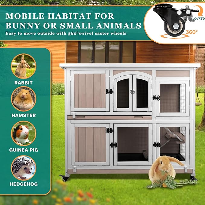 Rabbit Hutch Indoor and Outdoor 2-Story Rabbit Cage with Pull Out Tray,Fir Wood Pet House with Wooden Ramp,Waterproof Bunny Cage Indoor with 2 Asphalt Roofs,Grey (19.7" L x 42.7" W x 47.2" H-P33)
