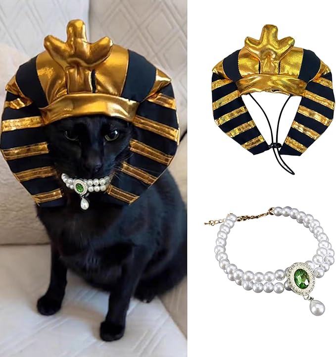 MANON ROSA Cat Egyptian Costume Set 2PC – Pet Golden King Pharaoh Headwear with Pearl Necklace, Cute Festival Cosplay Outfits Accessory & Photo Props for Small Medium Dogs Cats Puppies Kittens