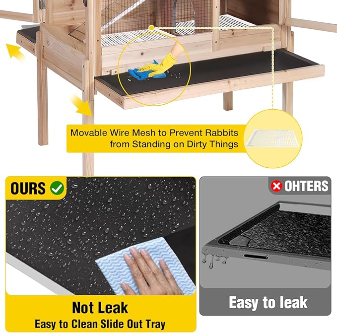 Aivituvin 2-Story Indoor Rabbit Hutch Guinea Pig Cage with Stand, Wooden Bunny Cage Small Animal Cages with Chew-Proof Ramp, Pull-Out Tray & Leakproof PVC Layer (Natural Wood)