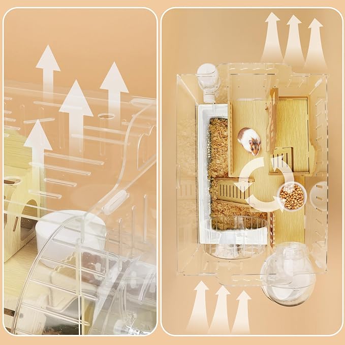 8 in 1 Clear Acrylic Hamster Cage with All Accessories,13.5''L* 10''W* 13''H Dwarf Hamster Cage,Small Hamster Habitat,Garden Style Mouse Cage for Pet Mice,Hamster Enclosure with Stairs(1-Layer,White)