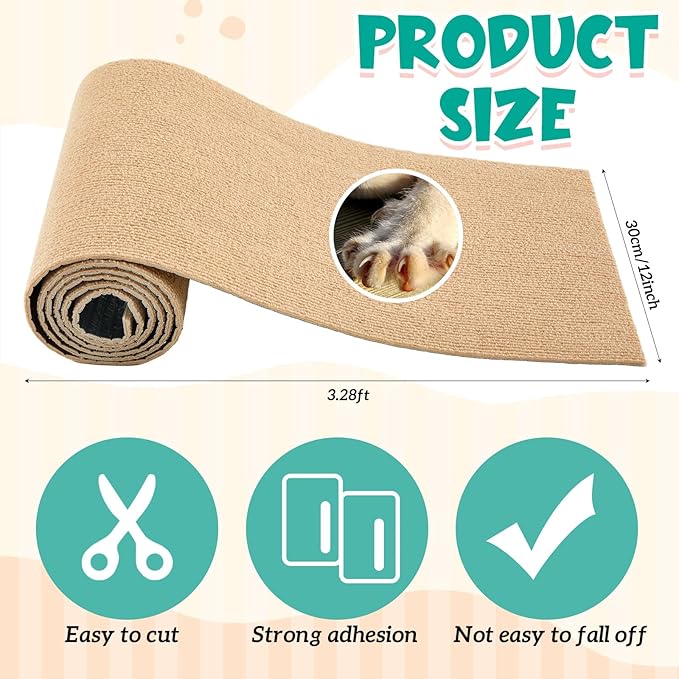 Rabbit Scratch Mat 12 Inch X 3.28 ft Self Adhesive Bunny Scratching Pad Cuttable Claw and Teeth Care Rabbit Mat for Cage Small Animal Scratching Rug for Biting Sleeping Nesting (Khaki)