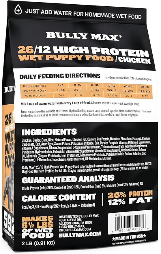 Bully Max Wet Puppy Food - Instant Fresh Dehydrated High Protein Soft Dog Food with Chicken - Healthy Growth for Small & Large Breed Puppies - 4 Dry Dog Food Pounds (Makes 11 lbs. of Wet Food)