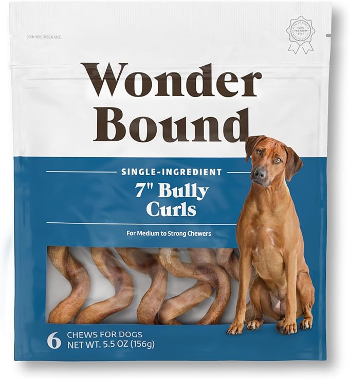 Amazon Brand - Wonder Bound Bully Curls, All-Natural, Highly Digestible, Long Lasting Dog Beef Treats, 7 inch, 6 Count