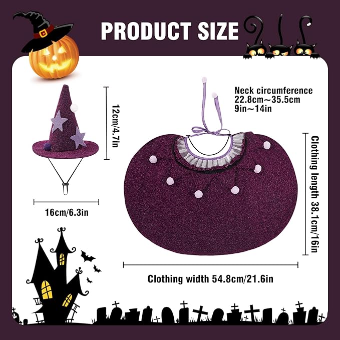 JOICEE Halloween Cat Costumes, Small Funny Purple Halloween Cat Wizard Cape Adjustable Pet Wizard Cloak for Little Dogs Cats Puppy Cosplay Party