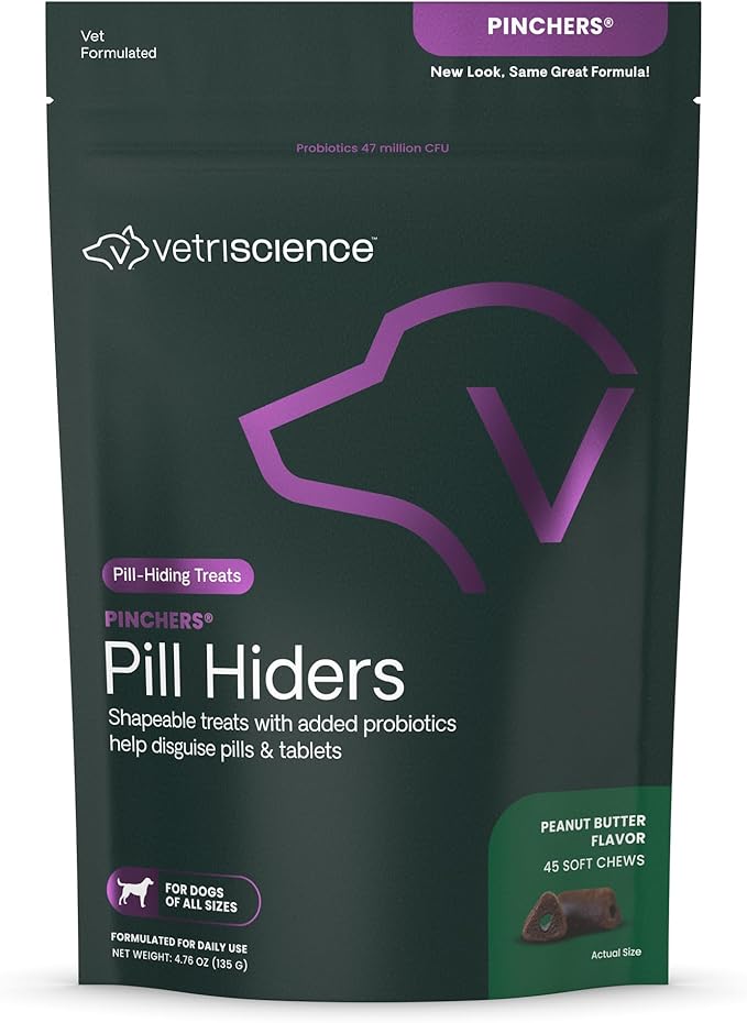 VetriScience Pinchers Pill Hiders Chews, Non-Greasy with Probiotics for Dogs, Disguise Small Capsules and Tablets, Soft and Chewy, Gut and Immune Support, Peanut Butter, 45 Count