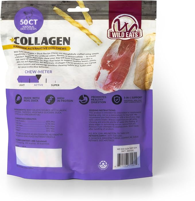 Wild Eats Duck Flavor Collagen Twist Style Long Lasting Dog Chews (50 Pack, 1 cm Wide) No Hide, Dog Treat Bully Stick Alternative, Rawhide Free, Grain Free, High Protein