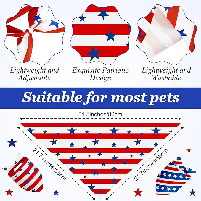 Weewooday 50 Pcs 4th of July Dog Bandanas Bulk for Patriotic American Striped Star Red White and Blue Independence Day Flag Scarf for Small Medium Large Outfit(Striped Star, 25.6 x 17.7 x 17.7 Inch)