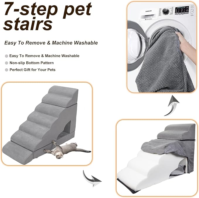 33" H Dog Stairs for High Beds 20-42 Inch Couch Bed, 7-Step Pet Stairs for Small Old Medium Large Dogs, Extra Wide Dog Ramp with Machine Washable Cover Indoor, 33D Foam Balanced 7-Tier Ladder for Bed