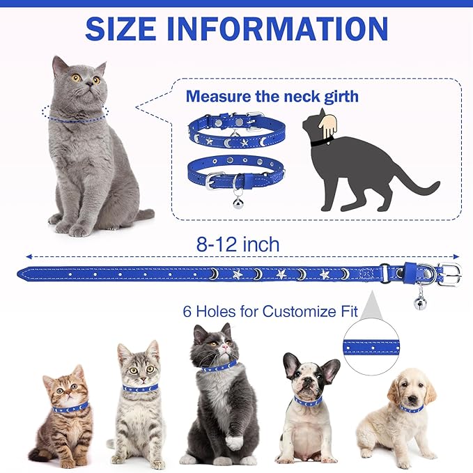 Leather Cat Collars for Boy Girl Cats with Bell and Safety Elastic Belt, Personalized Star and Moon Stud Adjustable Safe Buckle Collar for Kitty Small Big Cats Size 7-9 Inch, Blue