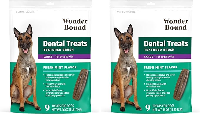 Amazon Brand - Wonder Bound Dog Dental Treats for Large Dogs (Over 50 lbs), Fresh Mint Flavor, Made with Real Chicken, Freshens Breath, Controls Plaque & Tartar, 9 Count (Pack of 2)
