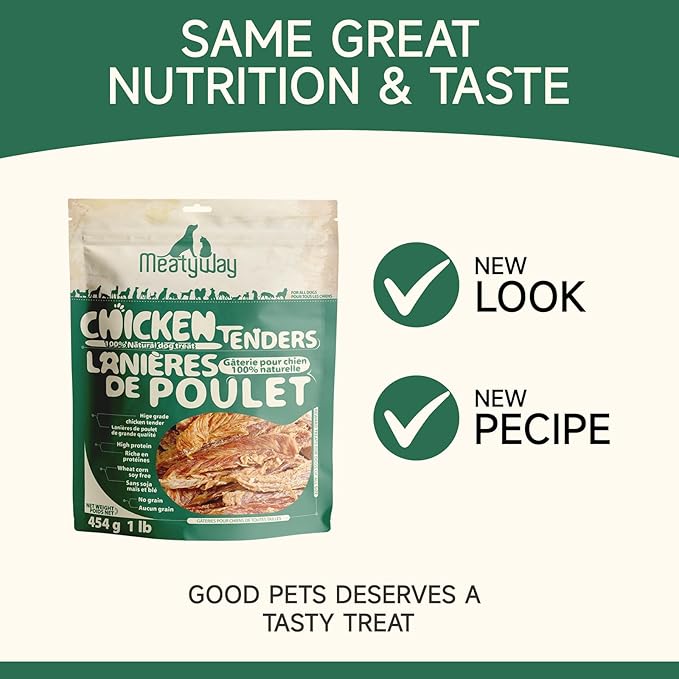 MeatyWay Chicken Jerky Tender Dog Treats, High Protein, Low Fat, 100% Natural and Healthy Chicken & Grain Free Dog Snacks, Easy to Digest Training Treats, 454g/16 oz. Bag