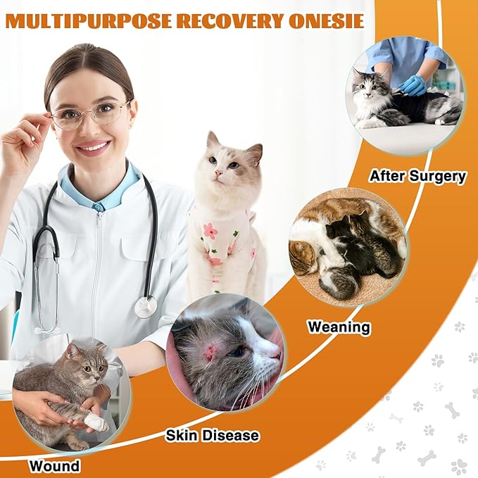 Cat Surgery Recovery Suit, Anti Licking Postoperative Onesie with Roll-Up Design, Soft Breathable Bodysuit Shirt for Female Spay Male Neuter Abdominal Wound Kitten E-Collar Cone Alternative