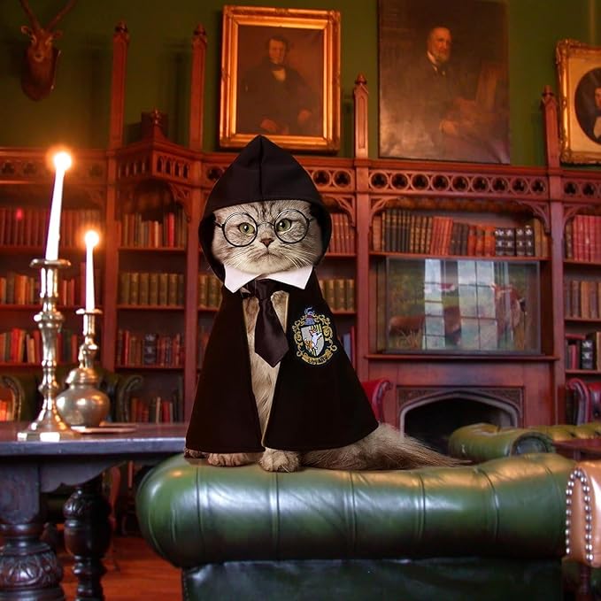 Cat Halloween Costume - Pet Wizard Costumes Mantle Magician Cosplay Clothes with Bowtie & Glasses Set, Festival Party Apparel for Small Pets Cats Dogs