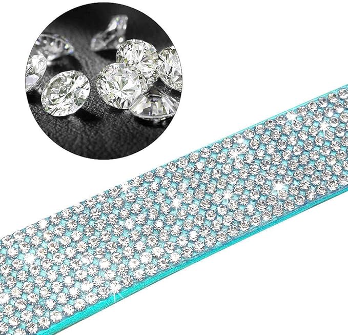 Cute Dazzling Sparkling Elegant Fancy Soft Suede Leather Bling Rhinestone Crystal Jeweled Pet Cat Dog Puppy Collar Dog Leash Combo Set (XXS(Neck 6-8"), Blue-6)