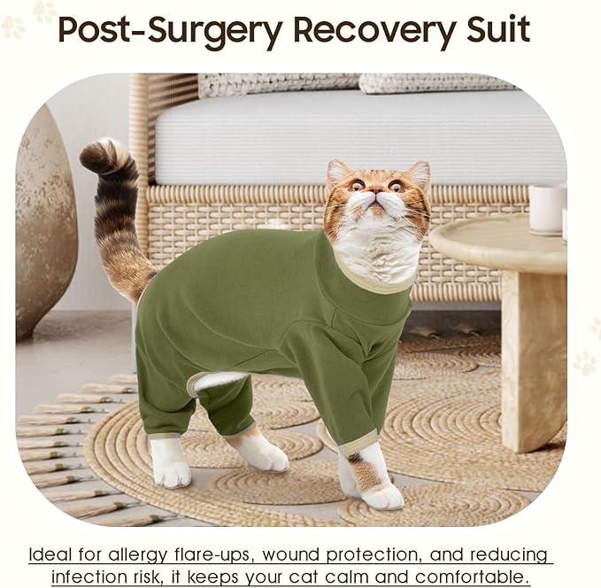 DENTRUN Cat Clothes for Hair Control with Hair Sticky Fabric - Soft Recovery Suit & Breathable Lint-Resistant Cat Sweater for Cats Only, Kitten Onesie Pajamas, XXL, Army Green