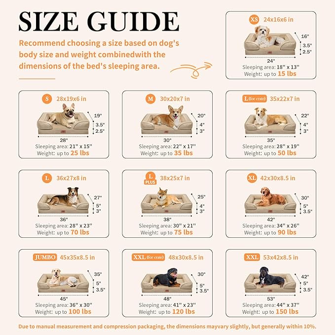 Comfort Expression Orthopedic Dog Bed for Extra Large Dogs 48x30 Inch, Waterproof Egg Crate Foam XXL Pet Bed with Removable Bolsters, Dog Couch with Washable Cover & Non-Slip Bottom, Light Brown