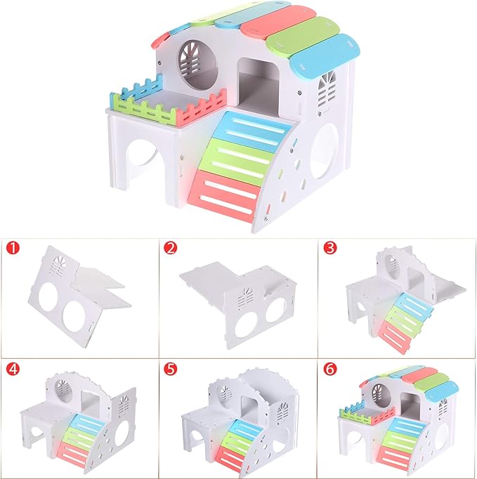 3 Pieces Fun Hamster Guinea Pig Hideout Kit Include PVC Hamster House, Rainbow Bridge, Seesaw DIY Exercise Playhouse for Rats Mouse Small Animals(Large,Rainbow Color)