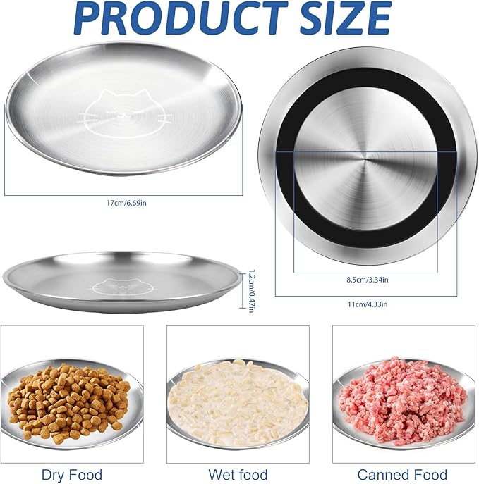 Stainless Steel Cat Bowls, 4 Pcs Shallow Cat Bowl Whisker Fatigue Dishes with Non-Slip Bottom, 6.7" Cats Food and Water Bowl Set for Wet & Dry Food(13OZ)
