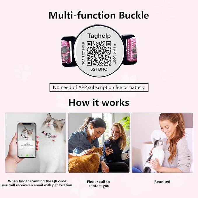 Waterproof Breakaway Cat Collar with Paw Prints - Secure AirTag Holder & Free QR Code Tag, Adjustable & Safe Kitten Collar for Apple Tracking (Black)