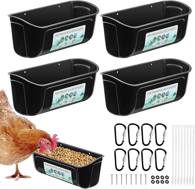 PIREKZUNT 4 Pack Chicken Duck Feeder, Poultry Feeders and Waterers, Hanging Goat Feeder, Livestock Feeding Container, Feed Trough and Waterer Bucket with Clips(Black)