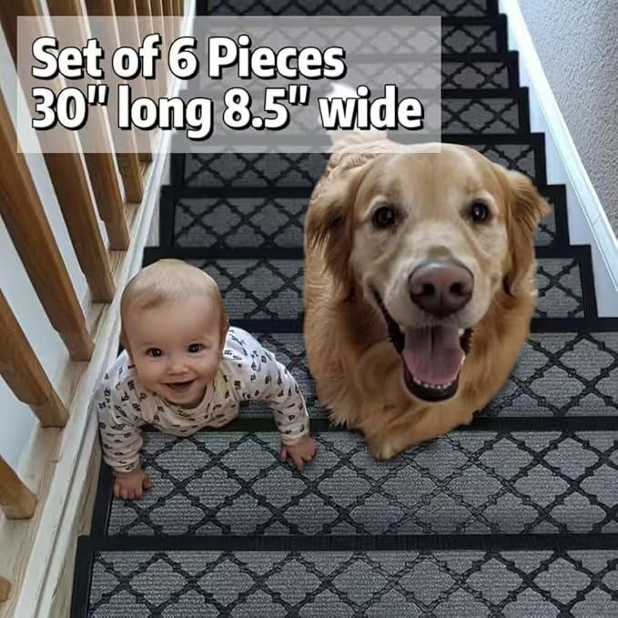 Aucuda 6pcs Stair Treads Outdoor for Dogs on Wooden Steps Non Slip 8.5" x 30" Stair Runner Rug Heat Insulation Rubber Backing, Gray Lattice Staircase Mat Carpet for Indoor Grip Farmhouse.