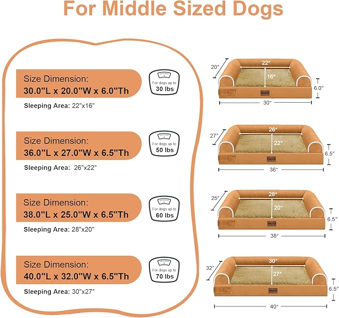 Medium Large Dog Bed Orthopedic Washable: Beds Bolster Medium Large Sized Dog Bed Egg Crate Foam Couch Sofa Waterproof with Removable Cover - Orange