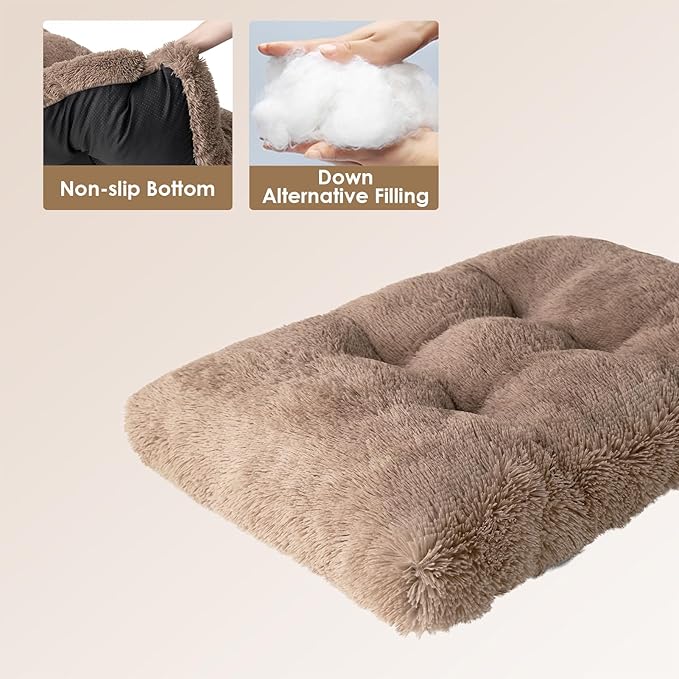 EHEYCIGA Fluffy Dog Crate Bed for Large Dogs, Plush Faux Fur Crate Pad, Calming Anti Anxiety Large Dog Bed, Washable Soft Warm Mat with Non-Slip Bottom, Camel