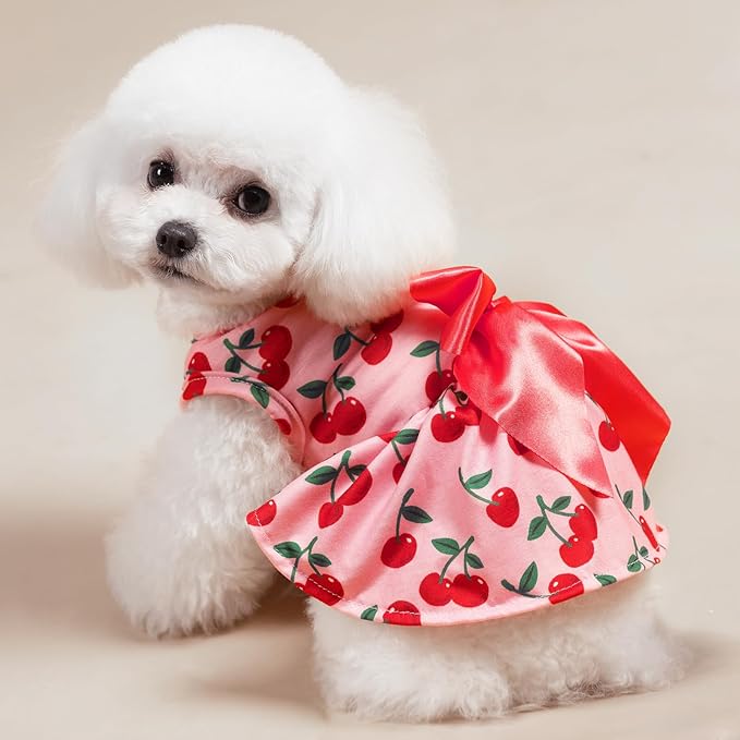 PUPTECK Print Dog Dress Pet Apparel with Cute Bowtie Puppy Clothes Outfit, Cherry, M