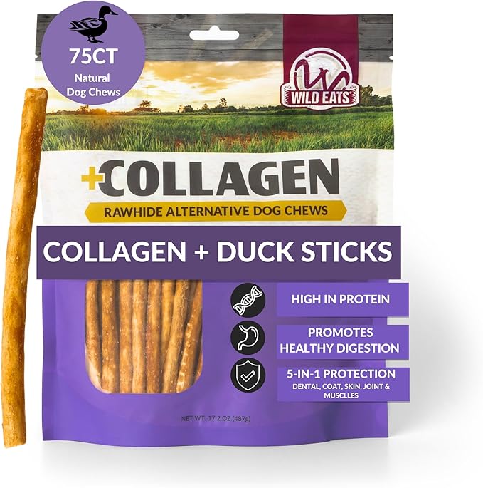 Wild Eats Duck Collagen Sticks for Dogs (75 Pack, 0.6 cm Wide) Long Lasting Dog Chews No Hide Dog Treat Bully Stick Alternative, Rawhide Free, Grain Free, High Protein