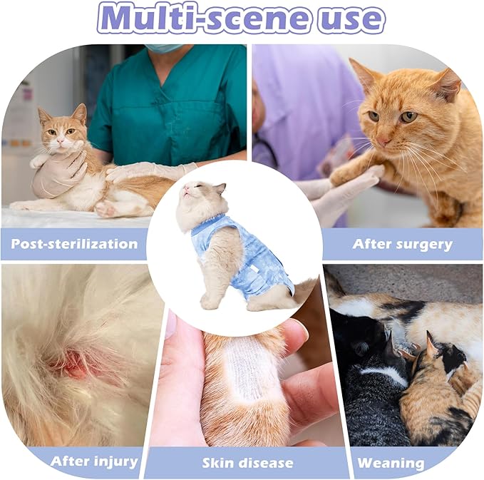 2 Pack Cat Surgery Recovery Suit for Female and Male, Soft Cat Spay Shirts Clothes, Comfortable Kittens Pajamas Onesie, Adjustable Fit to Stop Licking, Blue M
