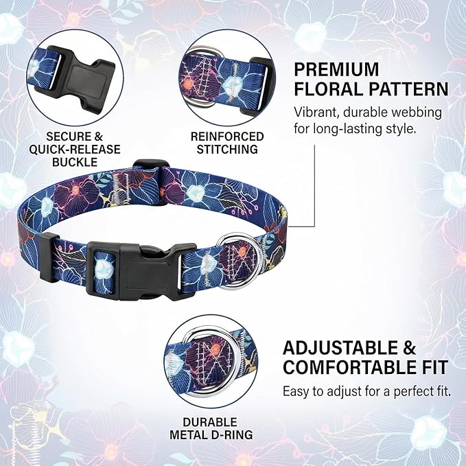 Floral Dog Collar, Adjustable Soft Nylon Pet Collar for Small Medium Large Dogs, Cute Flower Pattern Dog Collar for Girl Boy Dogs(Cyber Bloom,L)