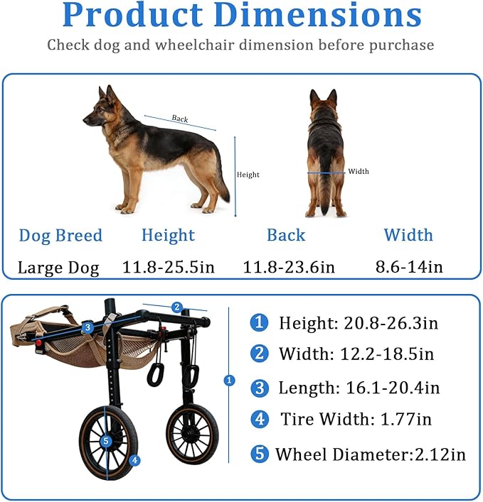 Dog Wheelchair for Back Legs, Lightweight Aluminum Alloy Large Dog Wheelchair with All-Terrain Tires, Adjustable Mobility Support Cart for Disabled Hind Legs Rehab